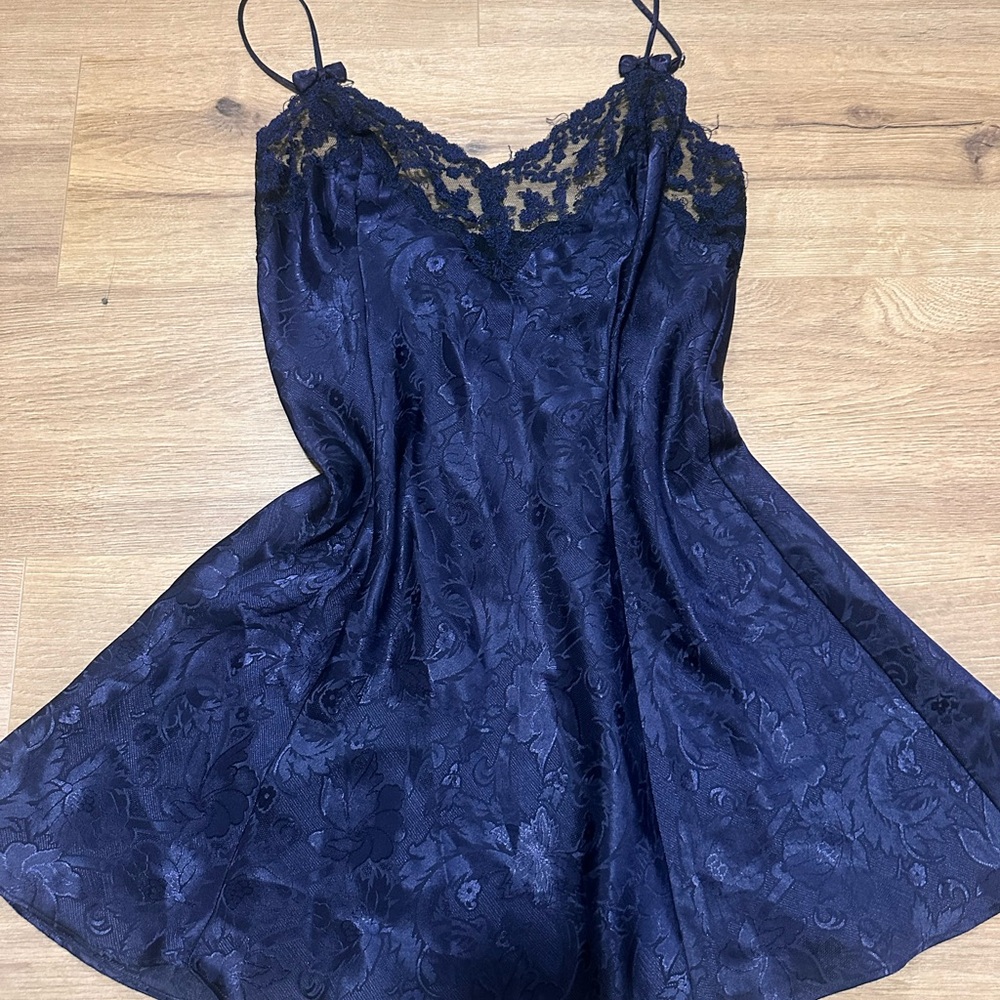 Victoria's Secret Blue Satin Chemise with Lace Trim